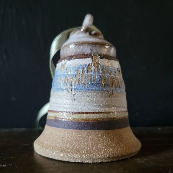 Vtg Studio Pottery Bell, Studio Pottery Christmas Ornament 3.125" Brown & Blue - Picture 4 of 6